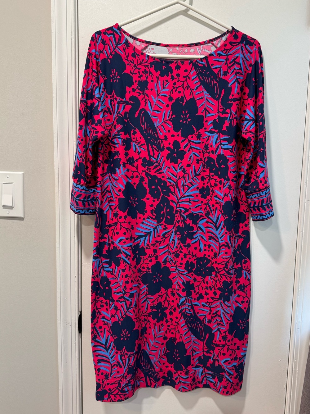 Lilly Pulitzer Sophie Dress Pink Navy Tropical Heron Print UPF 50+ Size Medium